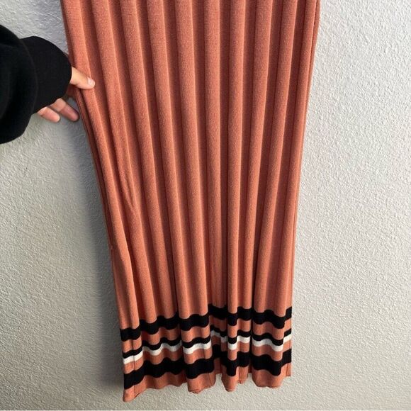 VEDA Large Knit Long Dress Casual 3/4 Sleeve Ribbed Colorblock Stripe High Neck - Picture 6 of 10